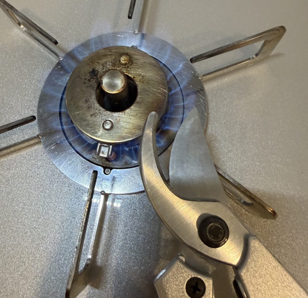 剪定バサミをガスコンロの火で炙って消毒している様子