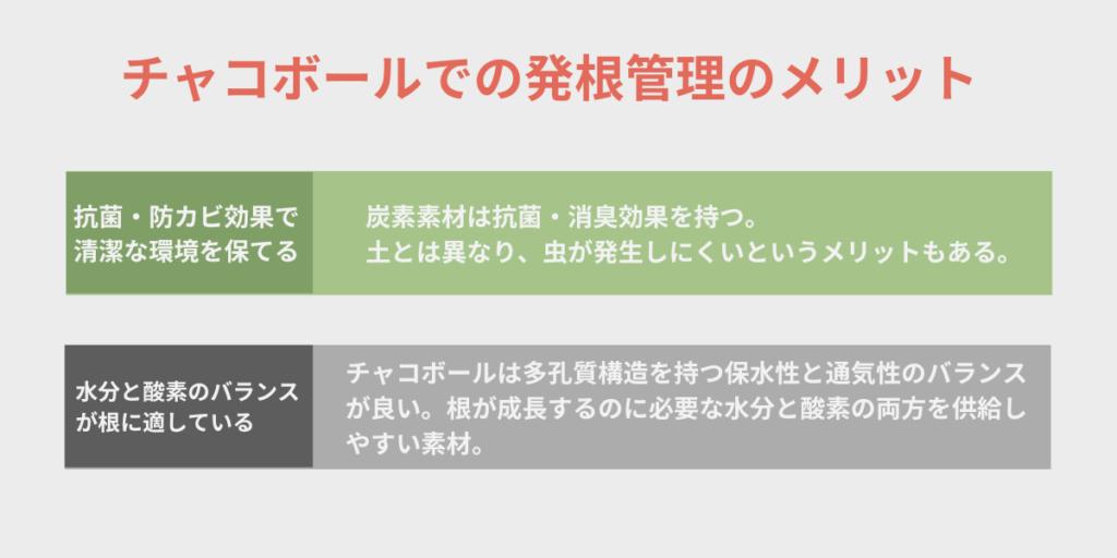 チャコボール発根管理のメリット（抗菌・防カビ効果・水分と酸素のバランス）の図解