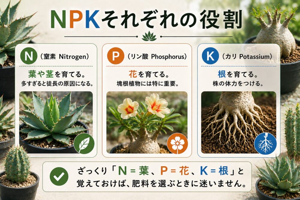 NPKそれぞれの役割 N窒素＝葉や茎・P リン酸＝花・Kカリ＝根 塊根植物の図解