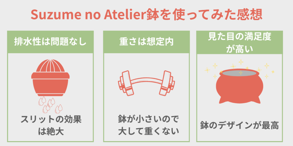 Suzume no Atelier鉢を使ってみた感想 排水性は問題なし・重さは想定内・見た目の満足度が高い 図解
