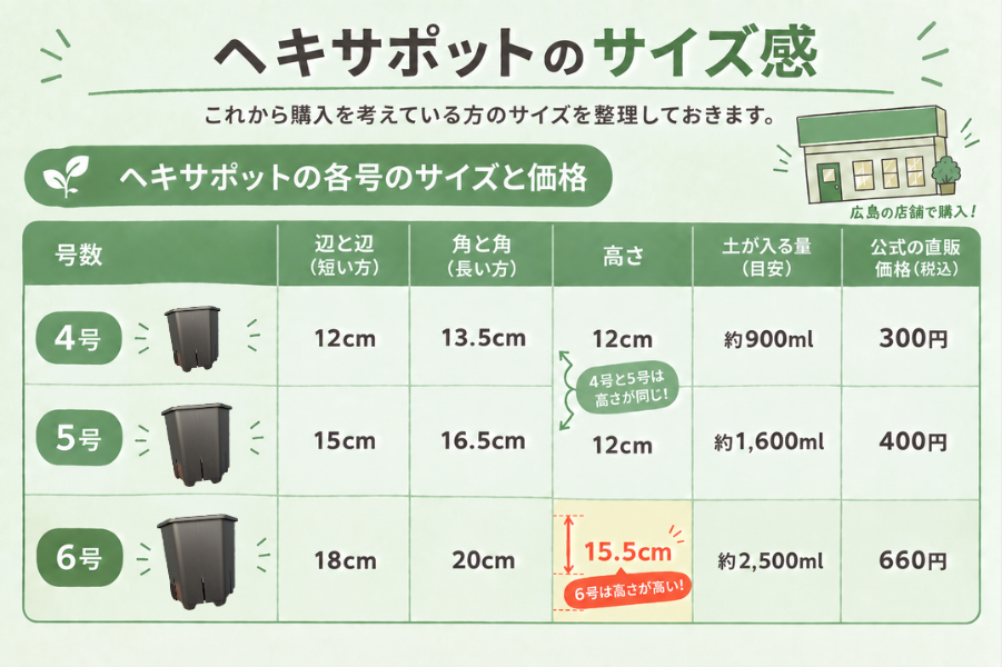 【ヘキサポットのサイズ感と価格】